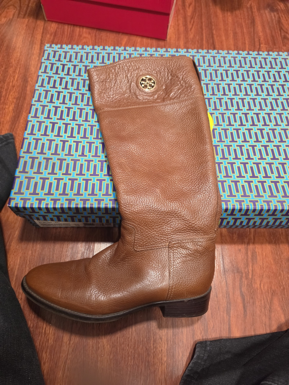 Tory Burch Cognac Leather Mid-Calf Boot with Logo Medallion
